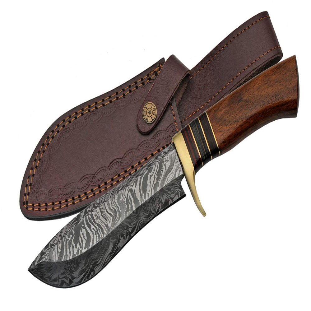 SANZ Damascus Hunting Knife 11 Inch - Bolo Blade Camping Knifes with Wood Handle, Firestorm Pattern Full Tang Blade & Sheath - Pocket Knife for Hunting & Outdoor uses