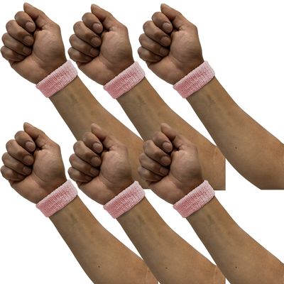 COUVER Adult/Youth 1 inch Solid/Plain Cotton Affordable Terry Cloth Wristband(6 Pair) Light Pink