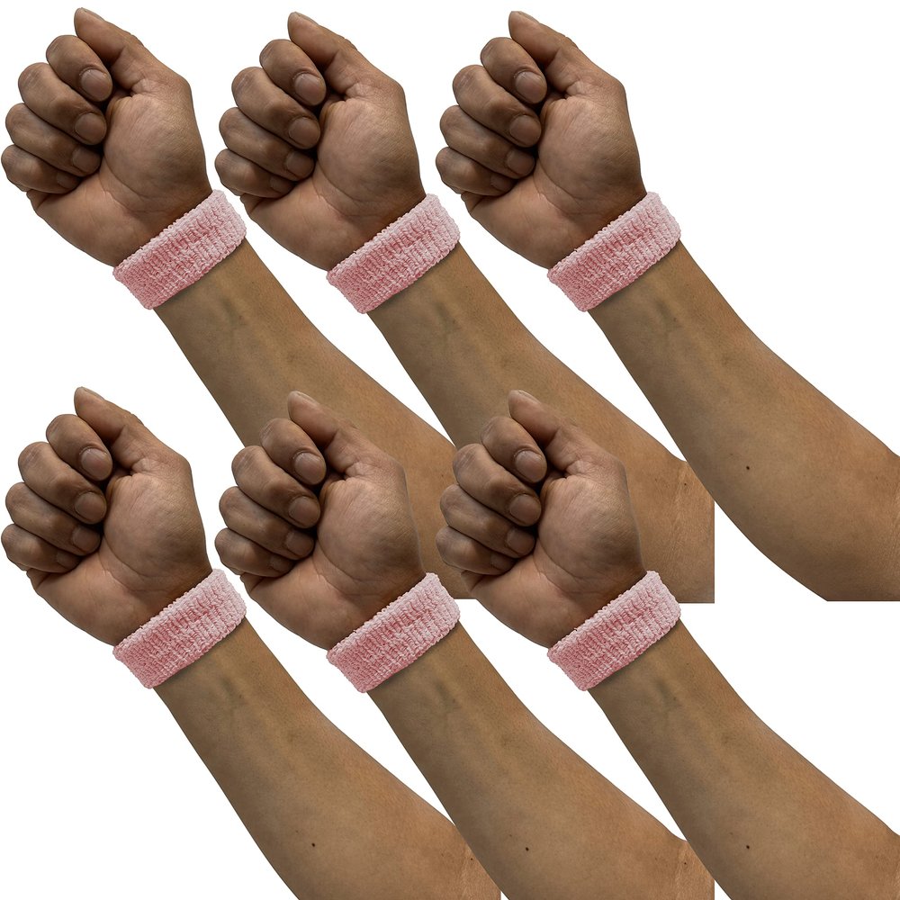 COUVER Adult/Youth 1 inch Solid/Plain Cotton Affordable Terry Cloth Wristband(6 Pair) Light Pink