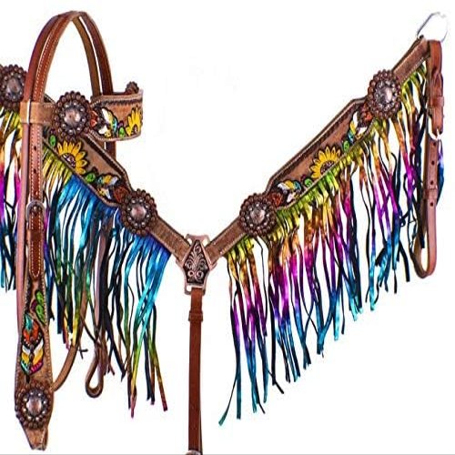 Showman Feather, Sunflower & Cactus Headstall & Breast Collar Set w/Metallic Rainbow Fringe
