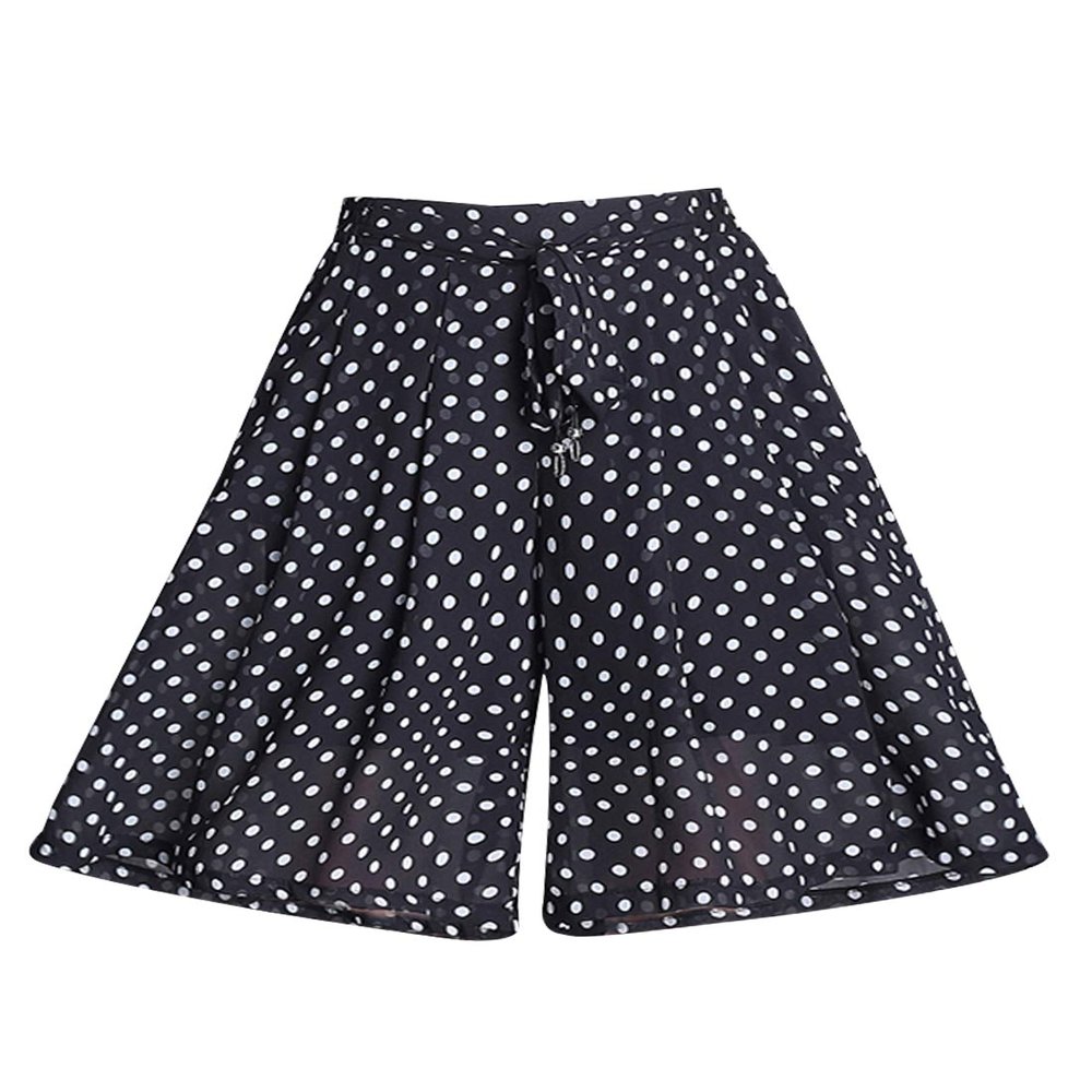 Snoly Women's High Waist Pleated Chiffon Wide Leg Capri Pants Culottes Polka Dot Skirt (Dot, Large)