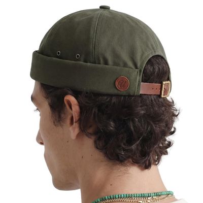 UNDERCONTROL Vintage Brimless Sailor Fisherman Leon Hat Rolled Cuff Harbour No Visor Miki Skull Docker Leather Strap Beanie Cap for Men & Women - Made in Korea - (Olive)