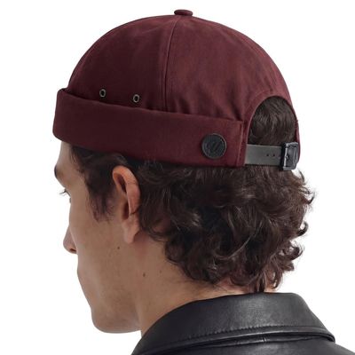 UNDERCONTROL Vintage Brimless Sailor Fisherman Leon Hat Rolled Cuff Harbour No Visor Miki Skull Docker Leather Strap Beanie Cap for Men & Women - Made in Korea - (Wine)