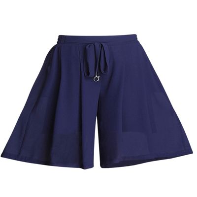 Snoly Women's High Waist Pleated Chiffon Wide Leg Capri Pants Culottes Polka Dot Skirt (Blue, Small)