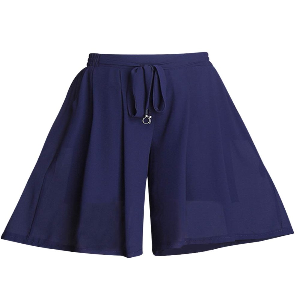 Snoly Women's High Waist Pleated Chiffon Wide Leg Capri Pants Culottes Polka Dot Skirt (Blue, Small)