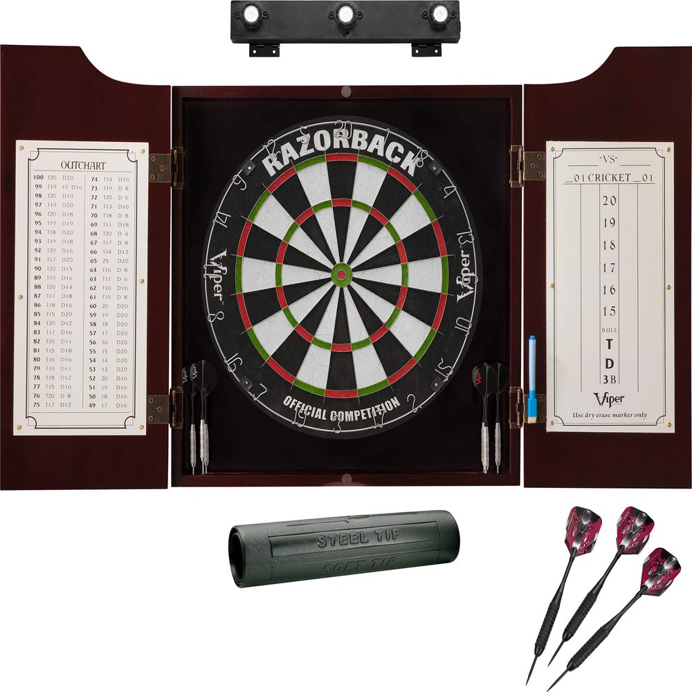 Viper by GLD Products Razorback Sisal Dartboard, Hudson Cabinet, Dart Mat, Black Mariah Steel Tip Darts & Shadow Buster Dartboard Light Bundle