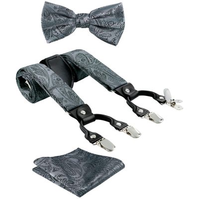 TIE G Paisley Suspender, Bow Tie, Pocket Square Set for Men's Tuxedo Suspenders : Adjustable Braces, Strong Enhanced 6 Clips (A Chacoal Grey Paisley)