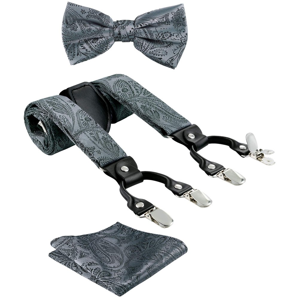 TIE G Paisley Suspender, Bow Tie, Pocket Square Set for Men's Tuxedo Suspenders : Adjustable Braces, Strong Enhanced 6 Clips (A Chacoal Grey Paisley)