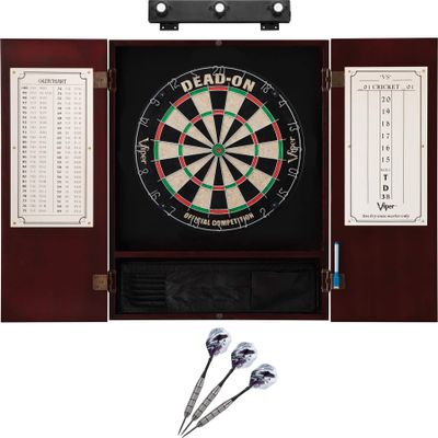 Viper Dead On Sisal Dartboard, Metropolitan Mahogany Cabinet, Underground The Raven Steel Tip Darts & Shadow Buster Dartboard Lights