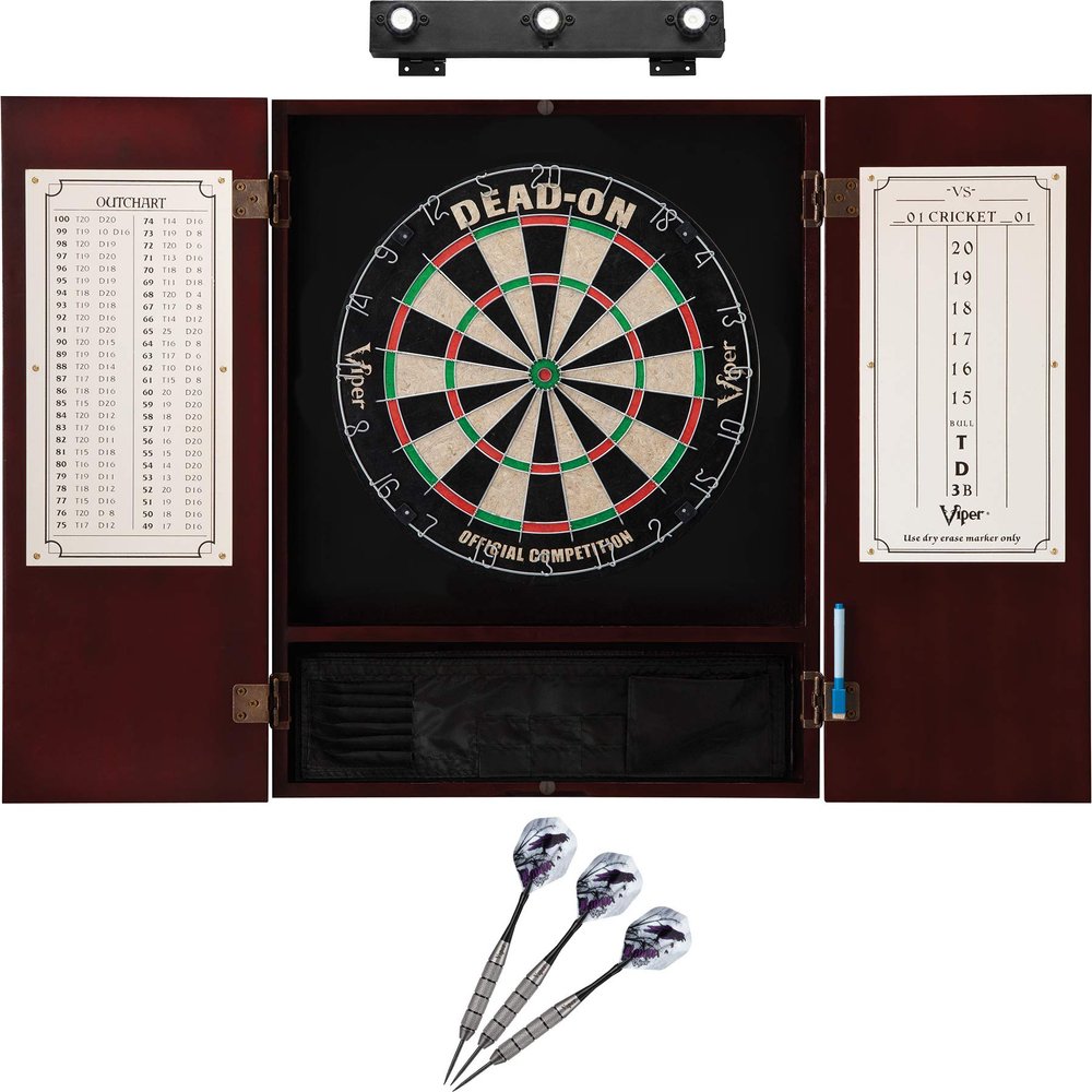 Viper Dead On Sisal Dartboard, Metropolitan Mahogany Cabinet, Underground The Raven Steel Tip Darts & Shadow Buster Dartboard Lights