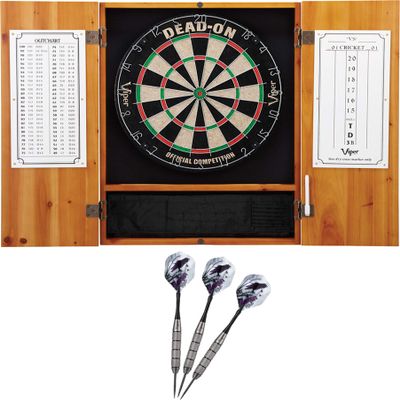 Viper Metropolitan Oak Steel Tip Dartboard Cabinet, Viper Dead-On Bristle Dartboard, and Viper Underground Raven Steel Tip Darts 25 Grams