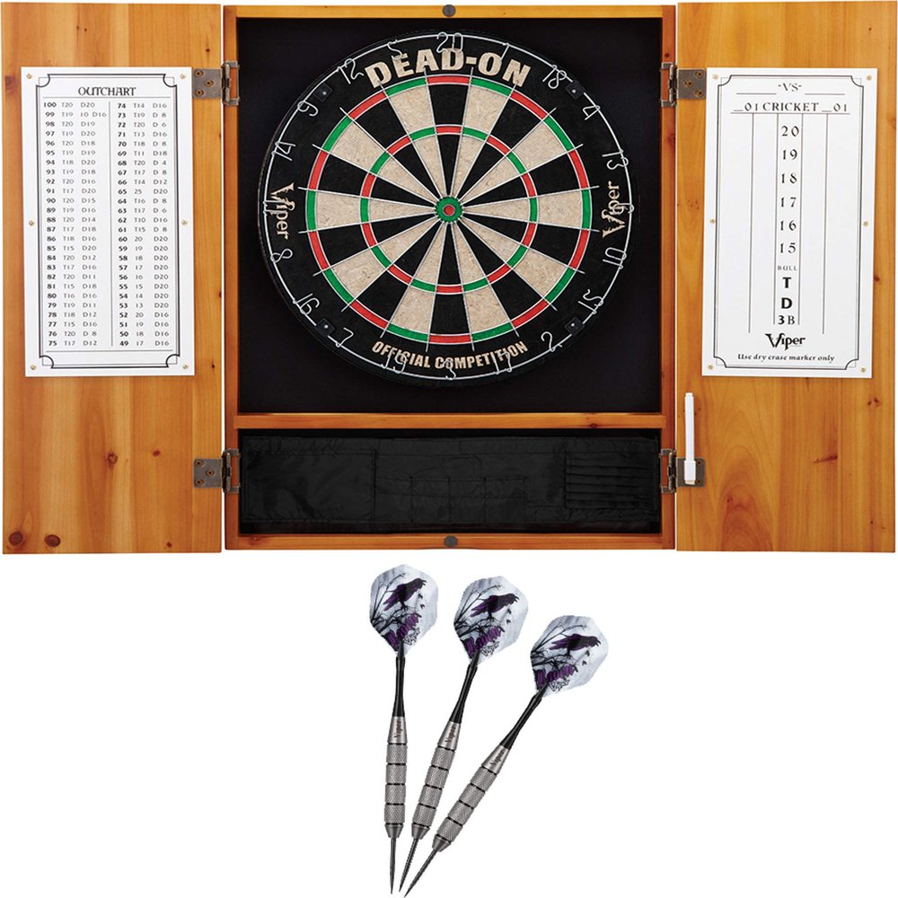 Viper Metropolitan Oak Steel Tip Dartboard Cabinet, Viper Dead-On Bristle Dartboard, and Viper Underground Raven Steel Tip Darts 25 Grams