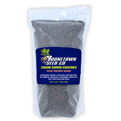 Boonetown Seed Company, Chow Down Dual Forage Chicory - Food Plot Seeds for Deer, Premium Deer Food Plot Seed, 2.5 LB Perennial Dual Blend, 4 Years of Growth, Resistant to Heat, Cold, and Drought