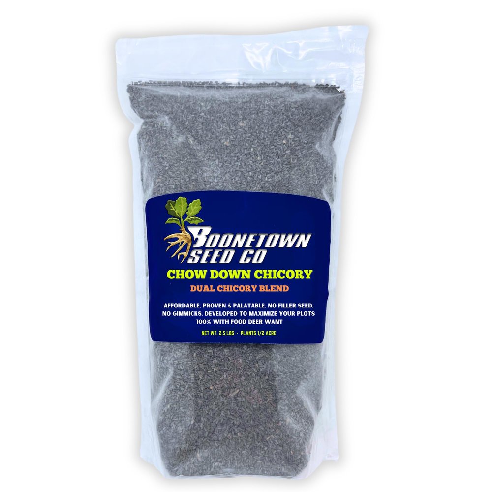 Boonetown Seed Company, Chow Down Dual Forage Chicory - Food Plot Seeds for Deer, Premium Deer Food Plot Seed, 2.5 LB Perennial Dual Blend, 4 Years of Growth, Resistant to Heat, Cold, and Drought