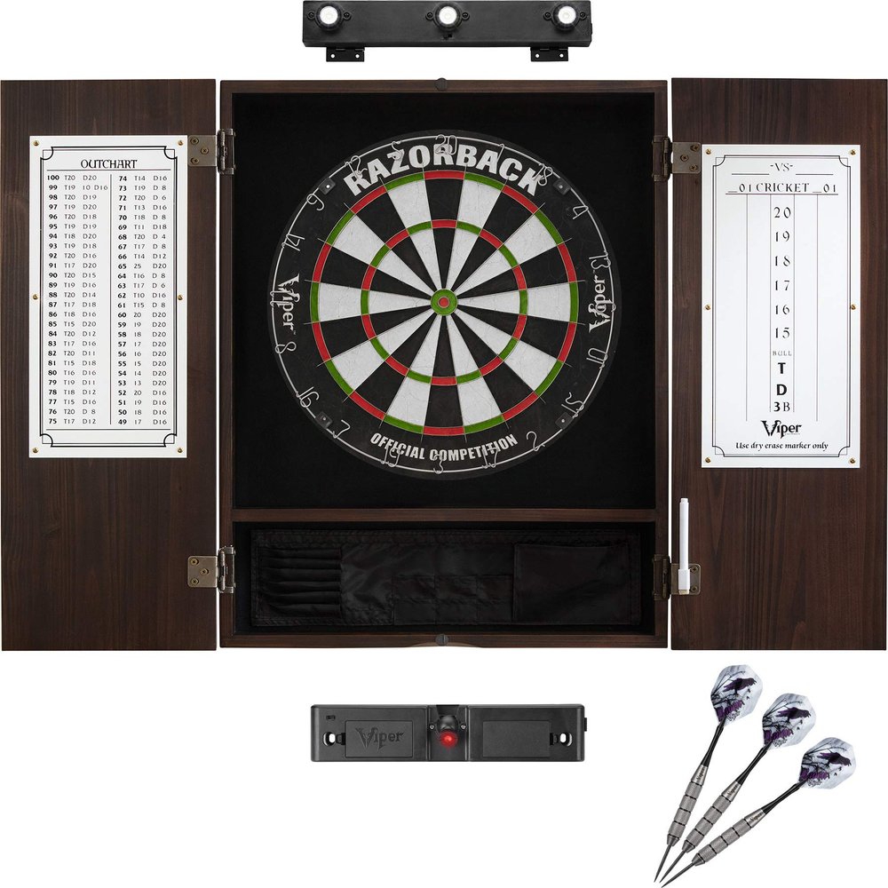 Viper Razorback Sisal Dartboard, Metropolitan Espresso Cabinet, Shadow Buster Dartboard Lights & Laser Throw Line Marker