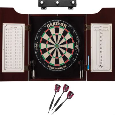Viper Dead On Sisal Dartboard, Hudson Cabinet, Black Mariah Steel Tip Darts & Shadow Buster Dartboard Light Bundle