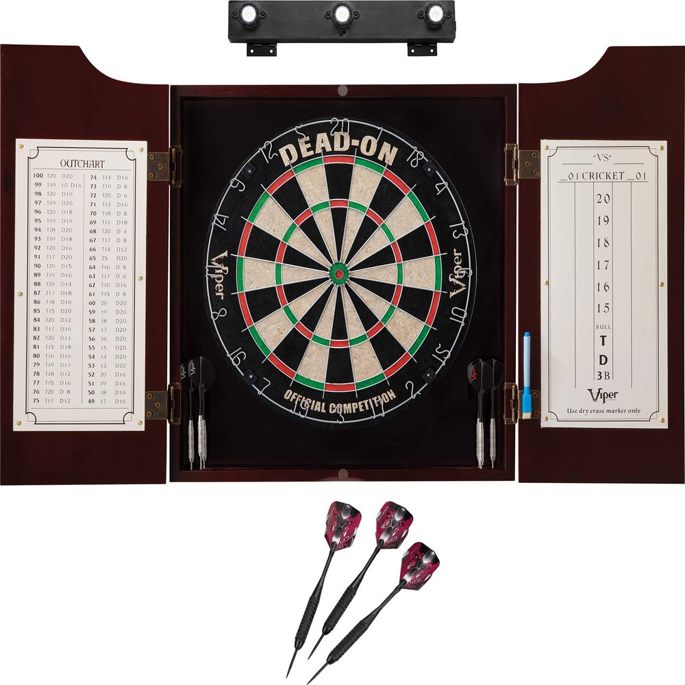 Viper Dead On Sisal Dartboard, Hudson Cabinet, Black Mariah Steel Tip Darts & Shadow Buster Dartboard Light Bundle