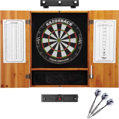 Viper Razorback Sisal Dartboard, Metropolitan Oak Cabinet, Shadow Buster Dartboard Lights & Laser Throw Line Marker