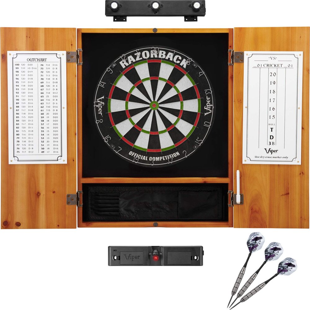 Viper Razorback Sisal Dartboard, Metropolitan Oak Cabinet, Shadow Buster Dartboard Lights & Laser Throw Line Marker