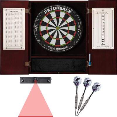 Viper Metropolitan Mahogany Steel Tip Dartboard Cabinet, Razorback Sisal Dartboard, Underground Raven Steel Tip Darts 25 Grams Dart Laser Line
