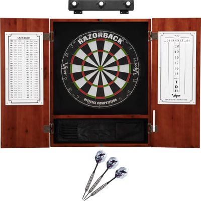 Viper Razorback Sisal Dartboard, Metropolitan Cinnamon Cabinet, Underground The Raven Steel Tip Darts & Shadow Buster Dartboard Lights