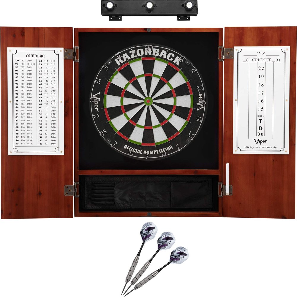 Viper Razorback Sisal Dartboard, Metropolitan Cinnamon Cabinet, Underground The Raven Steel Tip Darts & Shadow Buster Dartboard Lights