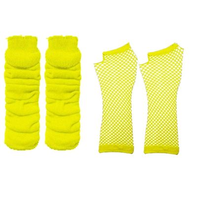 MA ONLINE Ladies Long Fishnet Gloves 1980s Hen Party Set Womens Neon 80s Dress Leg Warmers Yellow One Size