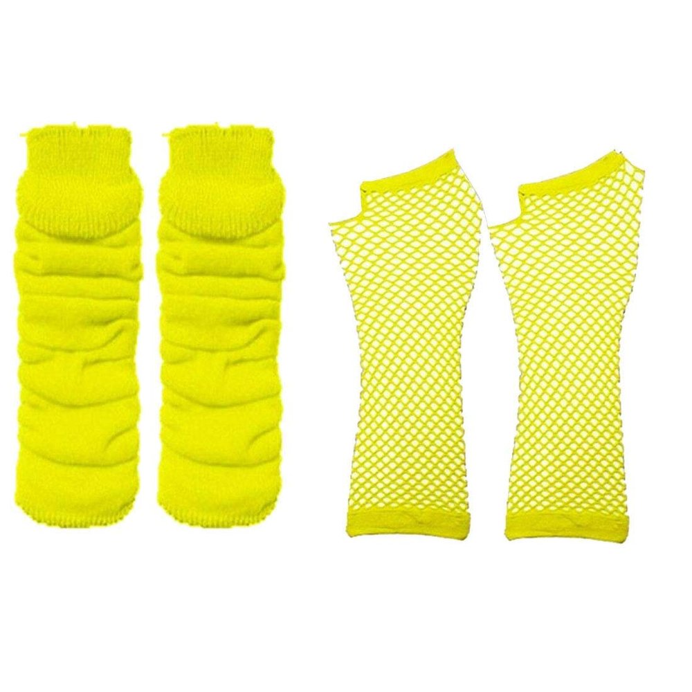 MA ONLINE Ladies Long Fishnet Gloves 1980s Hen Party Set Womens Neon 80s Dress Leg Warmers Yellow One Size
