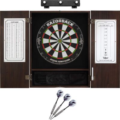 Viper Razorback Sisal Dartboard, Metropolitan Espresso Cabinet, Underground The Raven Steel Tip Darts & Shadow Buster Dartboard Lights