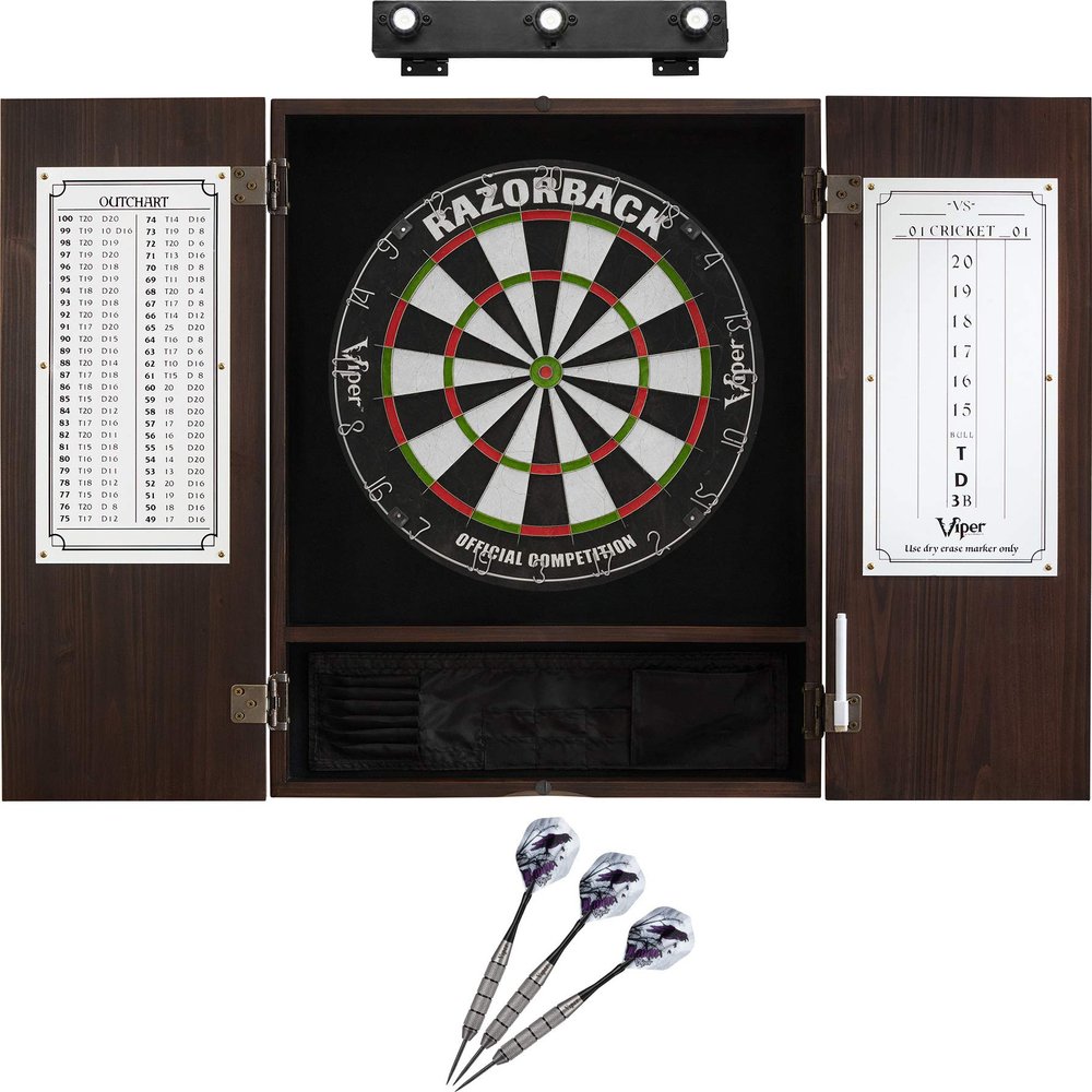 Viper Razorback Sisal Dartboard, Metropolitan Espresso Cabinet, Underground The Raven Steel Tip Darts & Shadow Buster Dartboard Lights