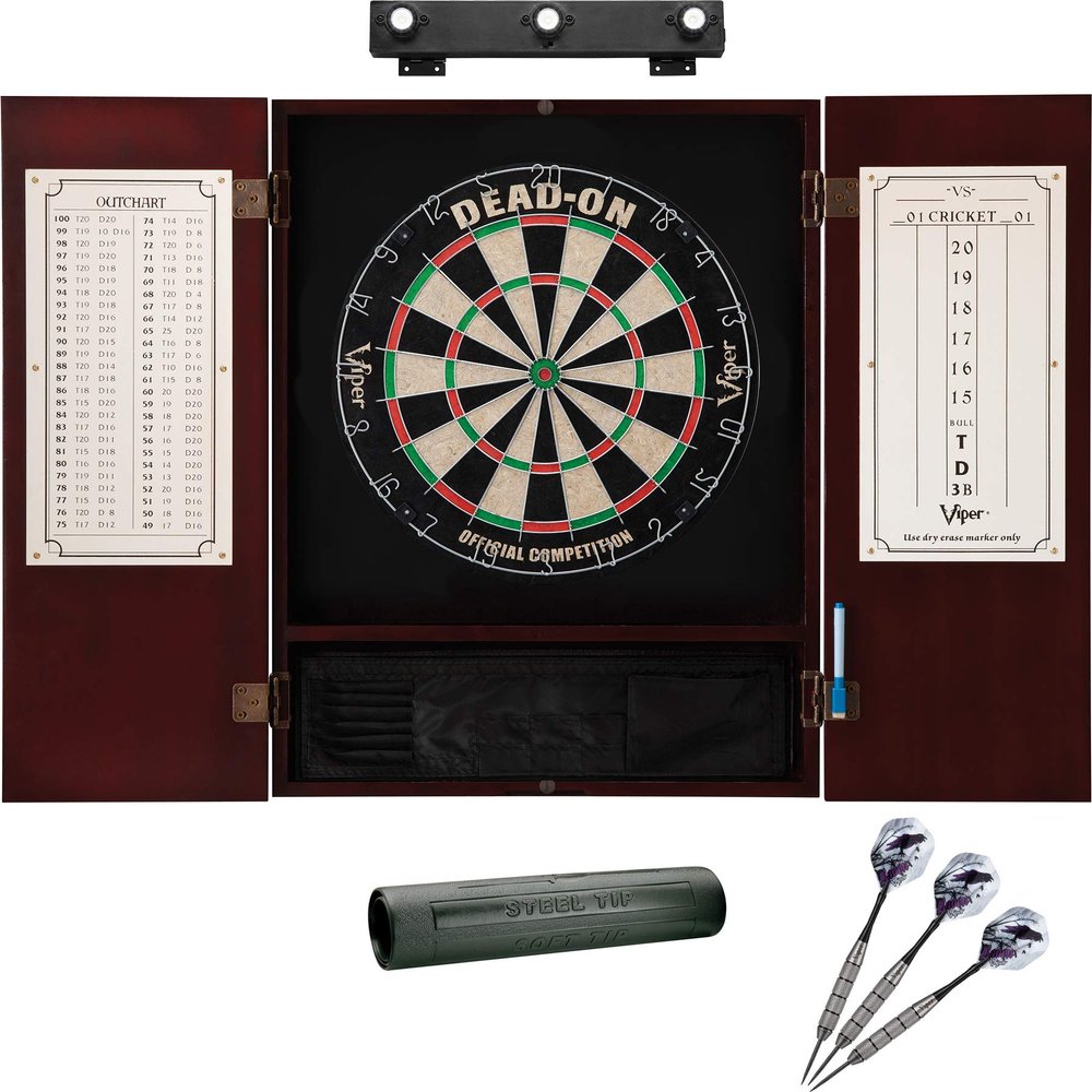 Viper Dead On Sisal Dartboard, Metropolitan Mahogany Cabinet, Shadow Buster Dartboard Lights & Laser Throw Line Marker