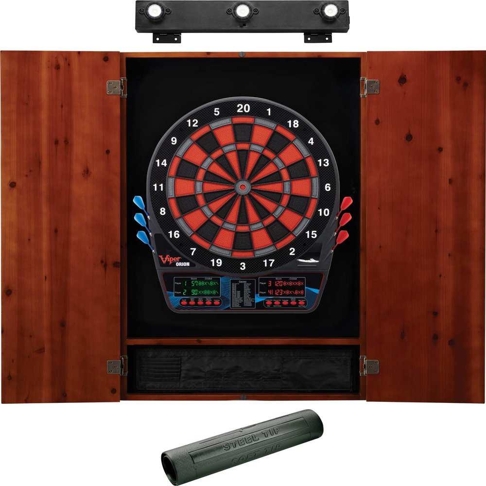 Viper Orion Electronic Dartboard, Metropolitan Cinnamon Cabinet, Dart Mat & Shadow Buster Dartboard Light Bundle