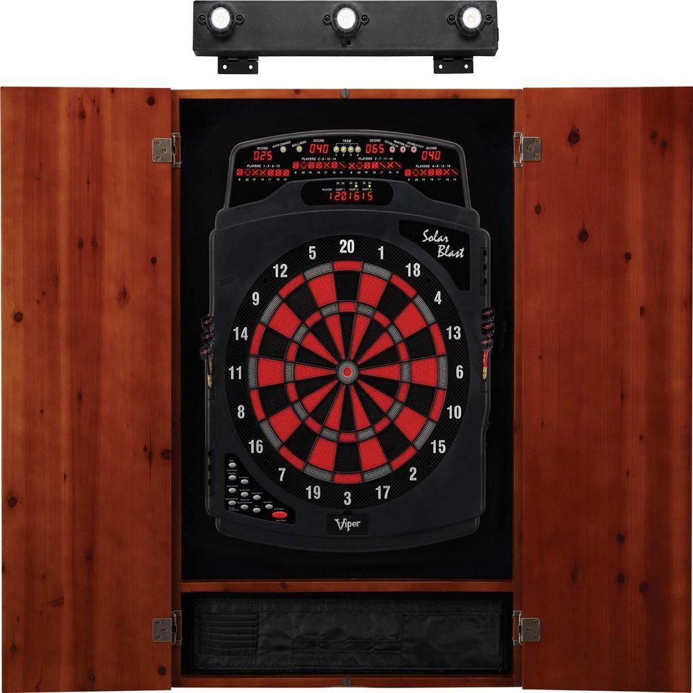 Viper Solar Blast Electronic Dartboard, Metropolitan Cinnamon Cabinet & Shadow Buster Dartboard Light Bundle