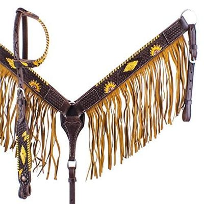 Showman Dark Leather Hand Painted Sunflower Single Ear Headstall & Breast Collar Set w/Fringe & Reins