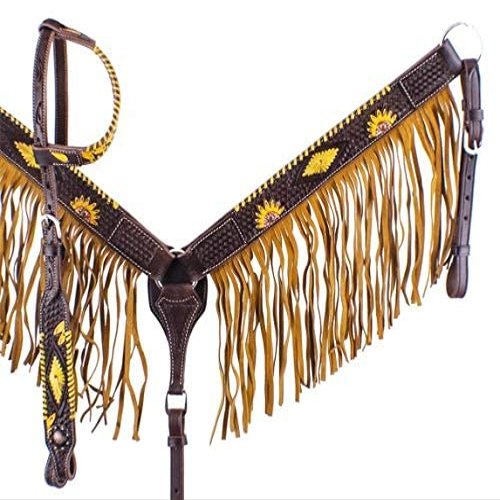 Showman Dark Leather Hand Painted Sunflower Single Ear Headstall & Breast Collar Set w/Fringe & Reins