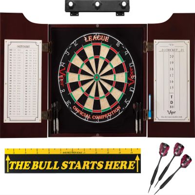 Viper League Sisal Dartboard, Hudson Mahogany Cabinet, Shadow Buster Dartboard Lights & The Bull Starts Here Throw Line Marker