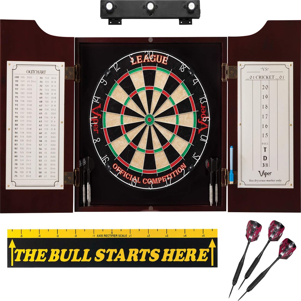 Viper League Sisal Dartboard, Hudson Mahogany Cabinet, Shadow Buster Dartboard Lights & The Bull Starts Here Throw Line Marker