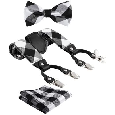 TIE G Paisley Suspender, Bow Tie, Pocket Square Set for Men's Tuxedo Suspenders : Adjustable Braces, Strong Enhanced 6 Clips (D Black Silver Check)