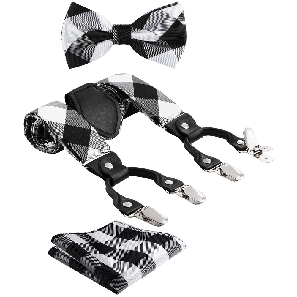 TIE G Paisley Suspender, Bow Tie, Pocket Square Set for Men's Tuxedo Suspenders : Adjustable Braces, Strong Enhanced 6 Clips (D Black Silver Check)