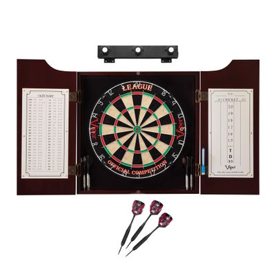 Viper by GLD Products League Sisal Dartboard, Hudson Cabinet, Black Mariah Steel Tip Darts & Shadow Buster Dartboard Light Bundle