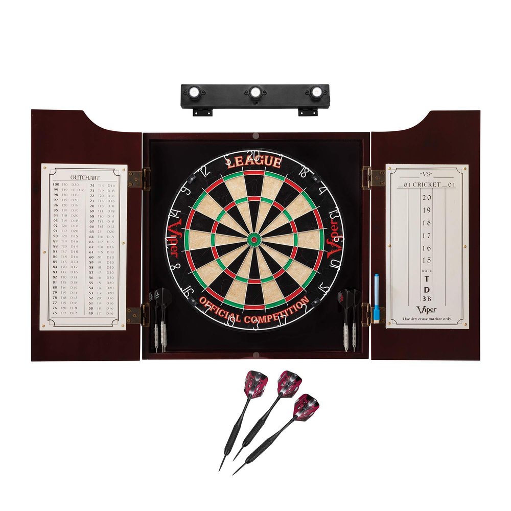 Viper by GLD Products League Sisal Dartboard, Hudson Cabinet, Black Mariah Steel Tip Darts & Shadow Buster Dartboard Light Bundle
