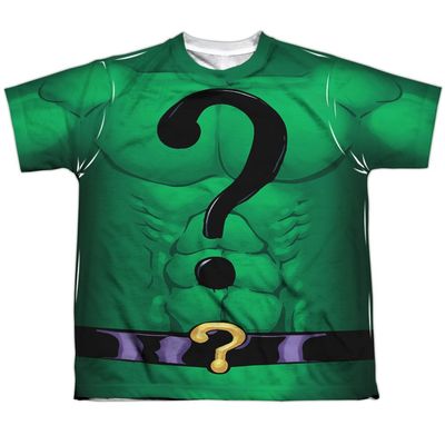 Batman Riddler Uniform Youth or Boy's Front Only Sublimated T Shirt, Large White