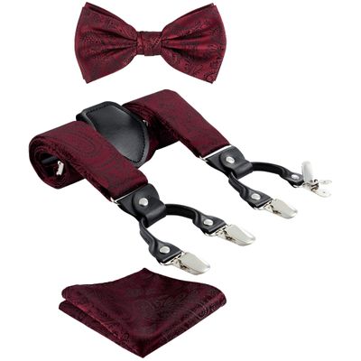 TIE G Paisley Suspender, Bow Tie, Pocket Square Set for Men's Tuxedo Suspenders : Adjustable Braces, Strong Enhanced 6 Clips (A Burgundy paisley)