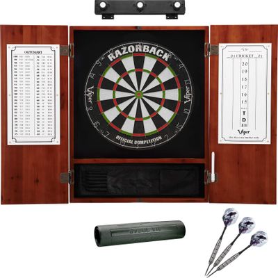 Viper Razorback Sisal Dartboard, Metropolitan Cinnamon Cabinet, Shadow Buster Dartboard Lights, Padded Dart Mat & Underground Raven Steel Tip Darts