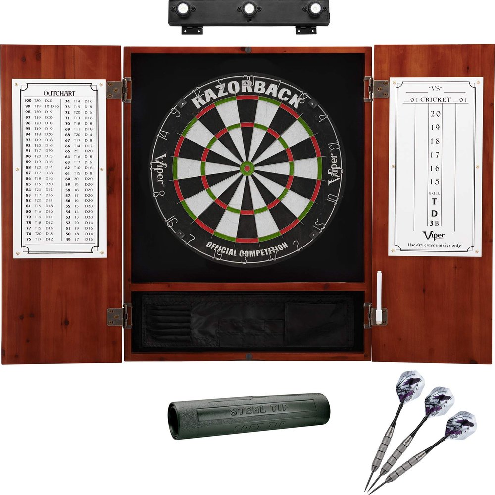 Viper Razorback Sisal Dartboard, Metropolitan Cinnamon Cabinet, Shadow Buster Dartboard Lights, Padded Dart Mat & Underground Raven Steel Tip Darts