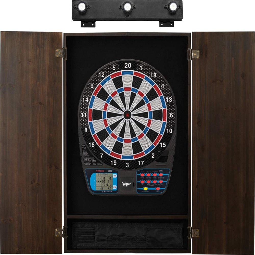 Viper 787 Electronic Dartboard, Metropolitan Espresso Cabinet & Shadow Buster Dartboard Light Bundle
