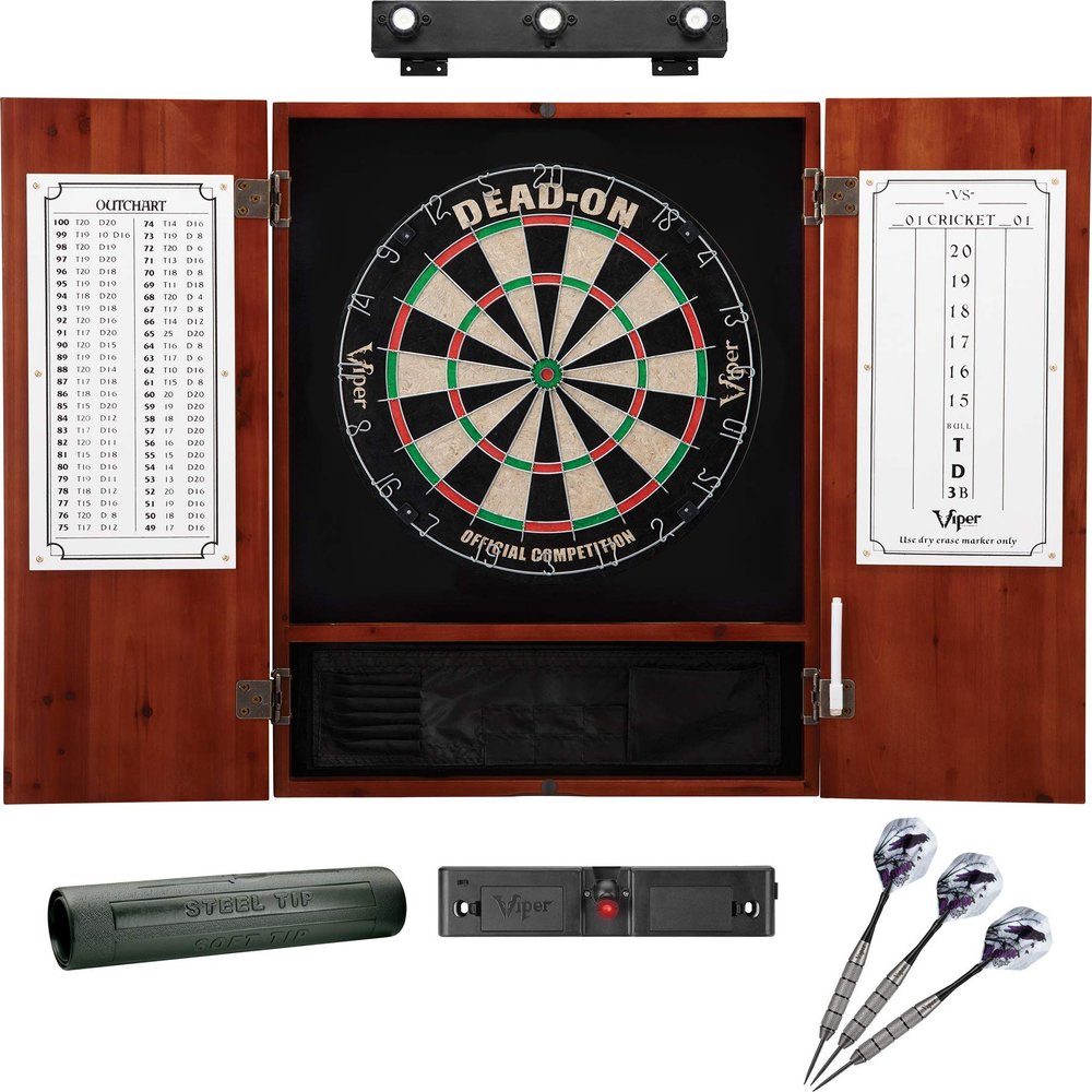 Viper Dead On Sisal Dartboard, Metropolitan Cinnamon Cabinet, Shadow Buster Dartboard Lights & Padded Dart Mat