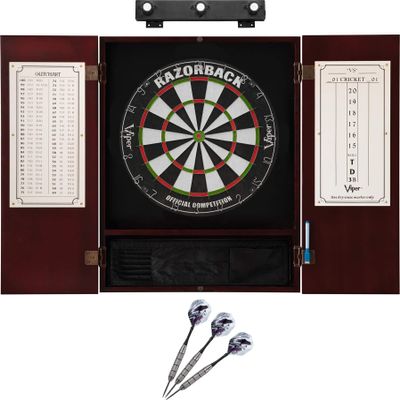 Viper Razorback Sisal Dartboard, Metropolitan Mahogany Cabinet, Underground The Raven Steel Tip Darts & Shadow Buster Dartboard Lights
