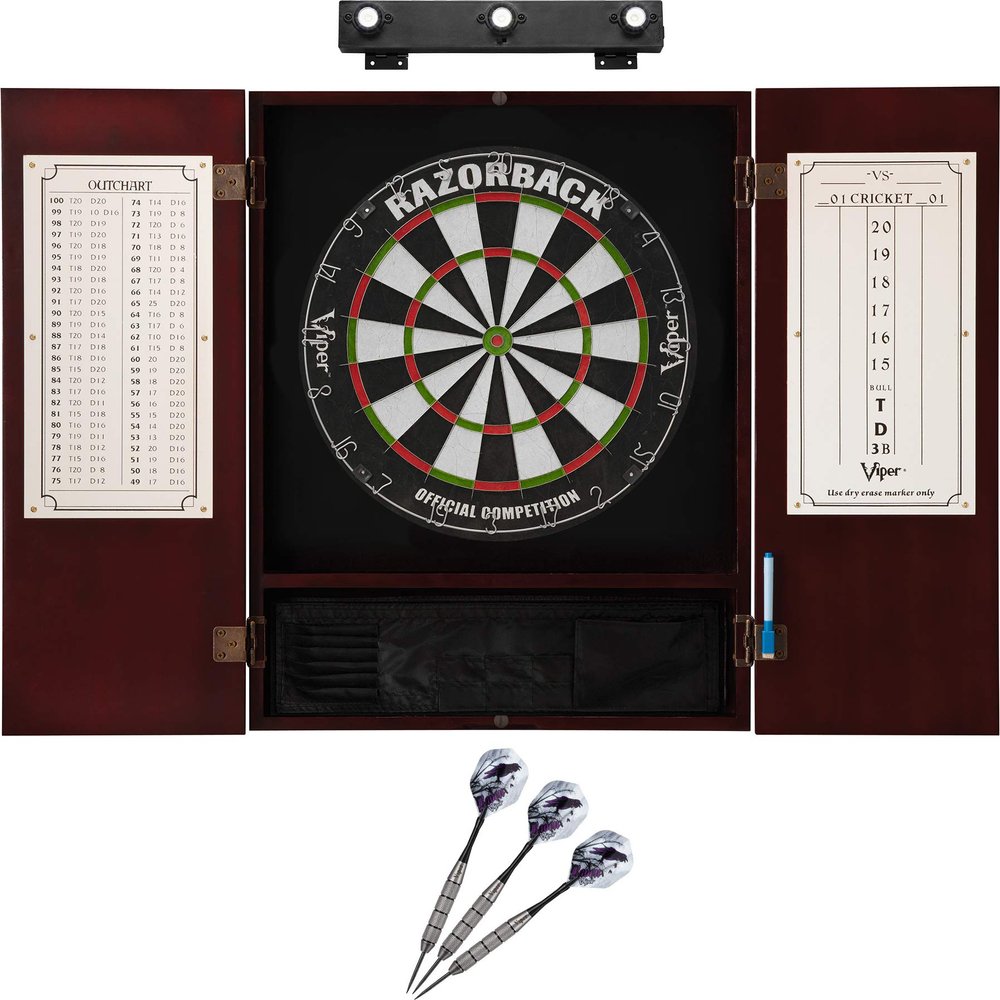 Viper Razorback Sisal Dartboard, Metropolitan Mahogany Cabinet, Underground The Raven Steel Tip Darts & Shadow Buster Dartboard Lights