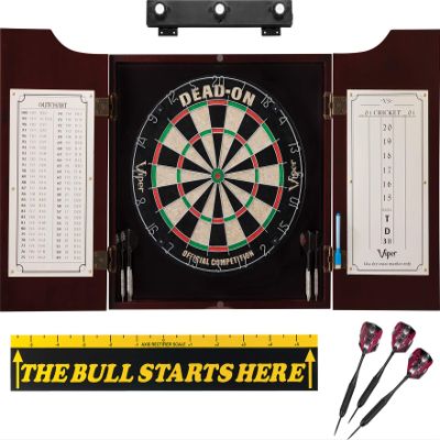 Viper Dead On Sisal Dartboard, Hudson Cabinet, Throw Line Marker, Black Mariah Steel Tip Darts & Shadow Buster Dartboard Light Bundle